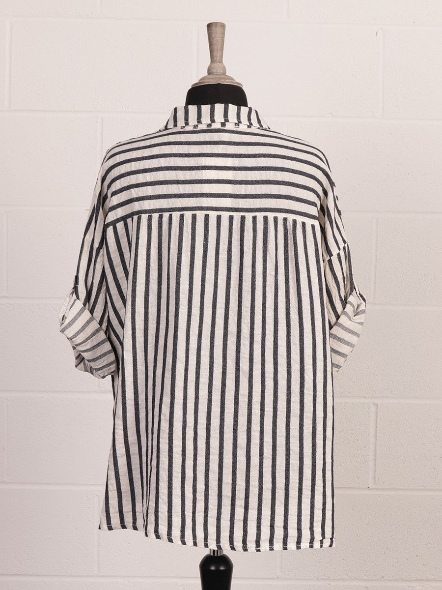 Italian Stripe Print Button Through Linen Top  - Beige