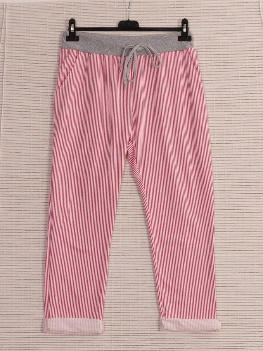 Italian Striped Print Cotton Trousers -  Cerise