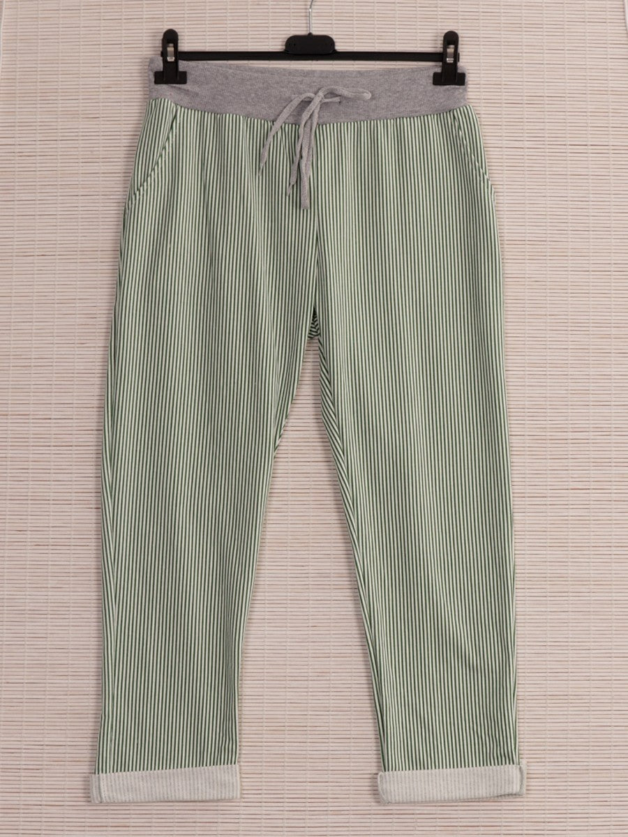 Italian Striped Print Cotton Trousers -  Green