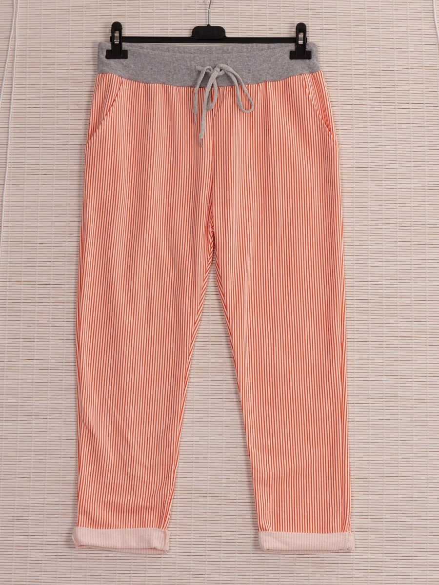 Italian Striped Print Cotton Trousers -  Orange
