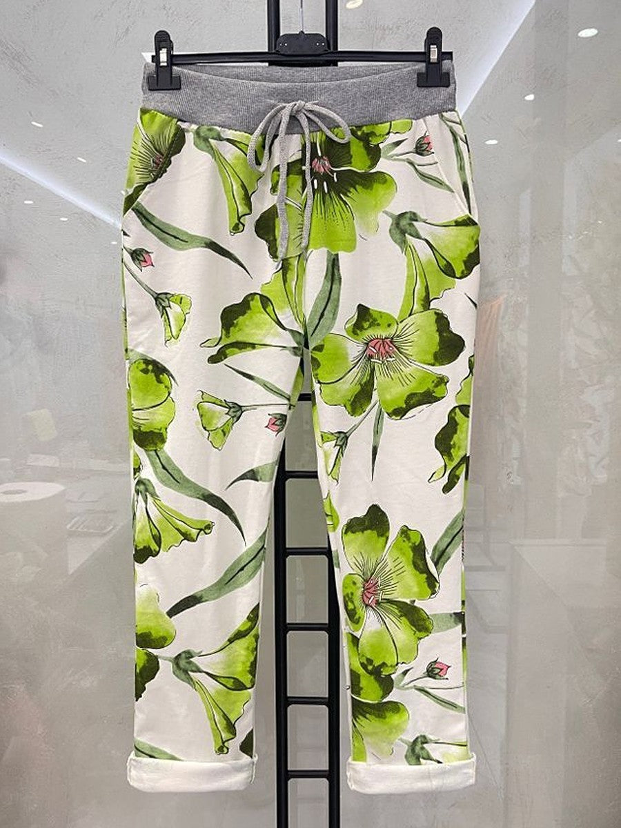 Italian Tulip Printed Cotton Joggers -  Parrot Green