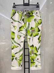 Italian Tulip Printed Cotton Joggers -  Parrot Green