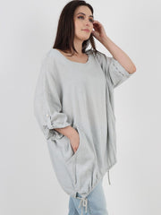 Italian Turn-up Sleeves Gathered Hem Linen Top - Light Grey
