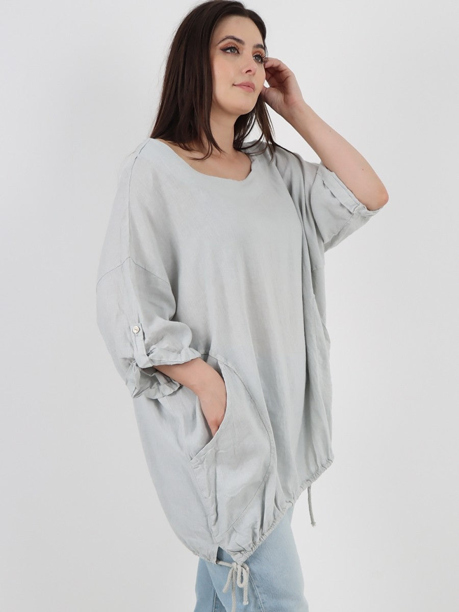 Italian Turn-up Sleeves Gathered Hem Linen Top - Light Grey