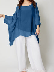 Italian Two Layered Plain Silk batwing Tunic Top - Teal