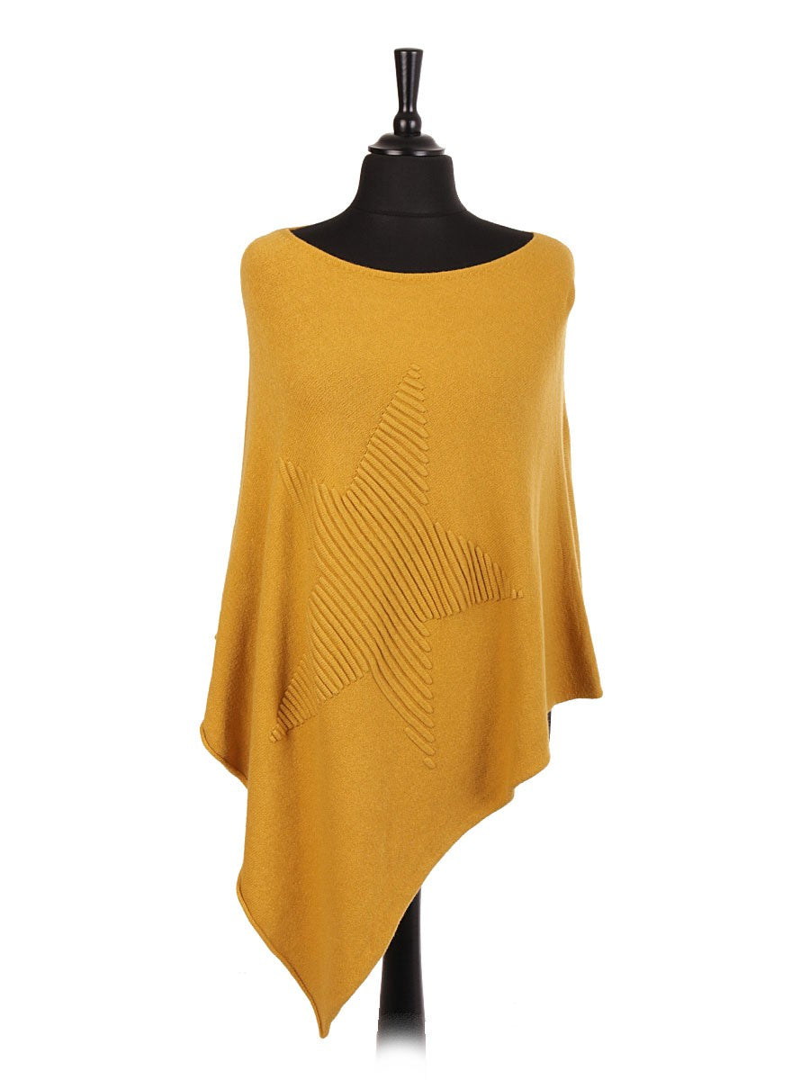 Italian Wool Mix Ribbed Star Poncho - Mustard