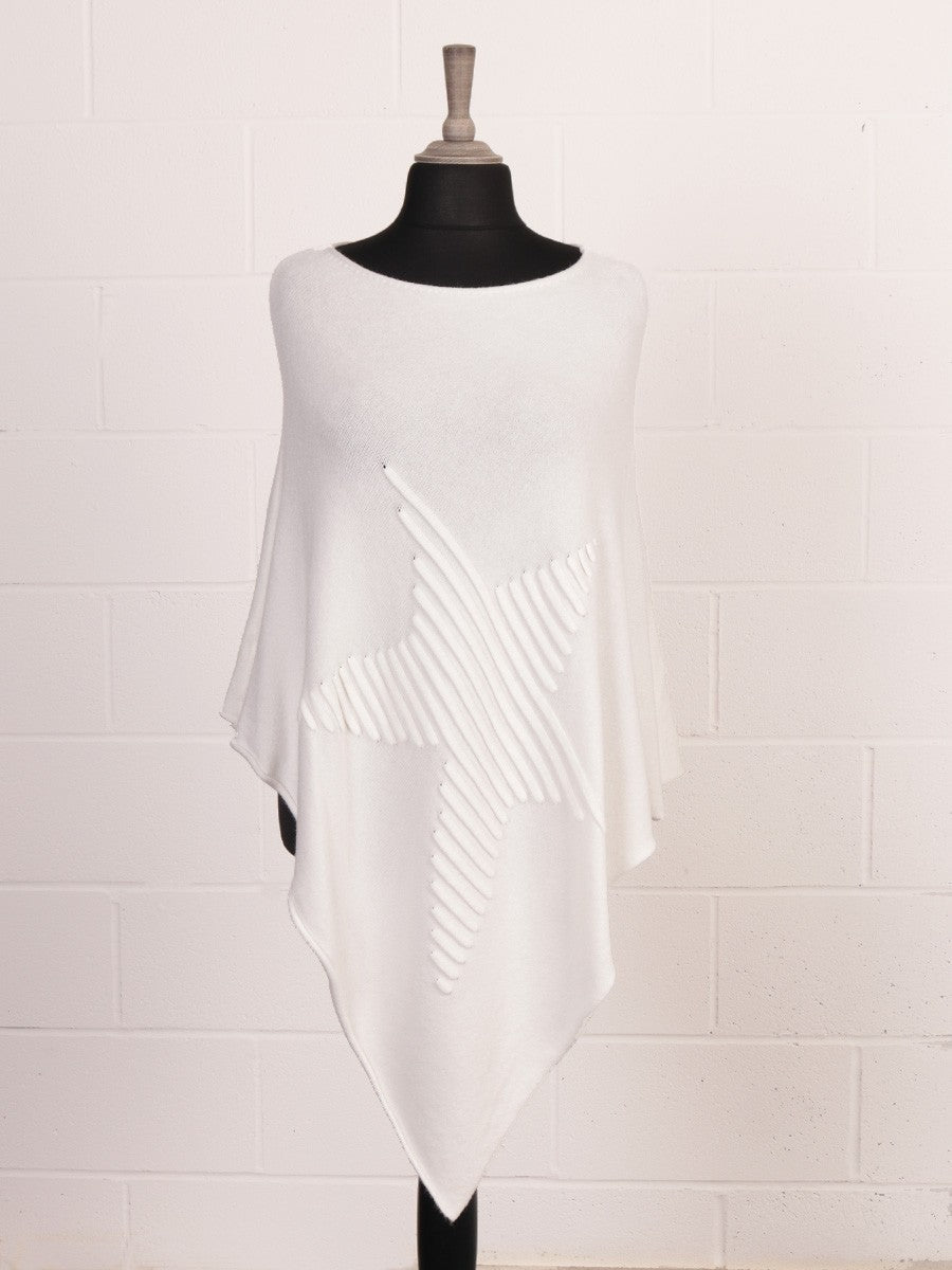 Italian Wool Mix Ribbed Star Poncho - White