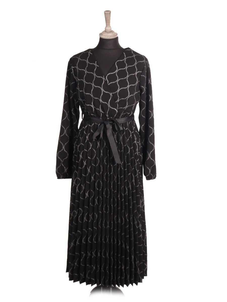 Italian Wrap Over Glittery Detail Pleated Dress With Belt - Silver