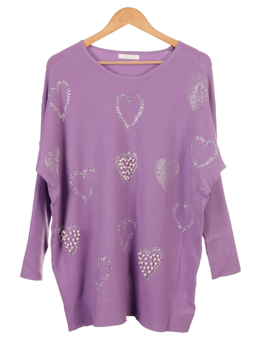 Pearl And Diamante Hearts Detail Ribbed Knitted Jumper - Lilac