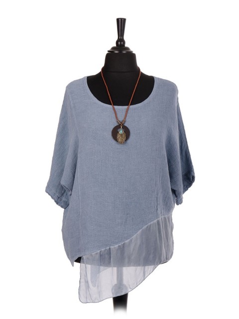 Italian Linen Assymetrical Chiffon Hem Batwing Top with Necklace