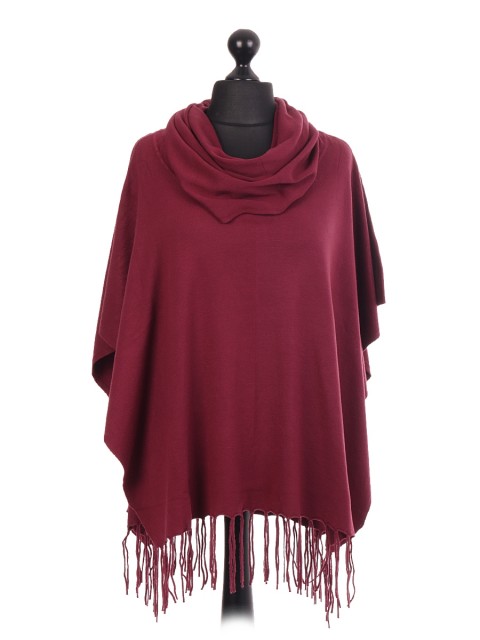 Cowl Neck Tassel Hem Poncho