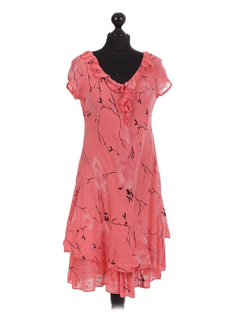 Floral Printed Bias Layerd Frilled Dress