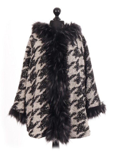 Italian Wool Dogtooth Fur Trim Winter Jacket