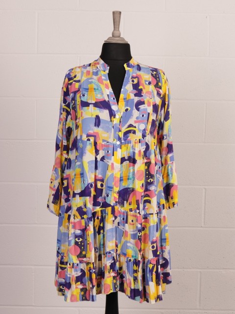 Italian Abstract Print Bell Sleeves Tiered Dress