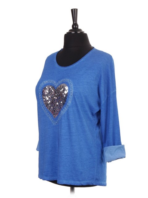 Italian Acid Dye Heart Sequin Batwing Dip Hem Top