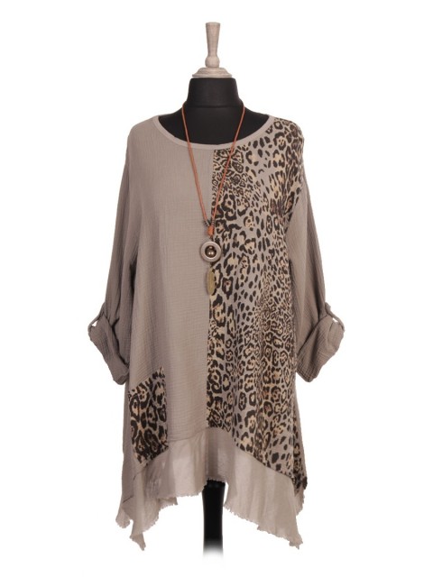 Italian Animal Print Panel Tunic Top With Necklace