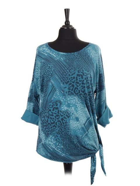 Italian Turn-up Sleeves Animal Print Side Knot Batwing Top