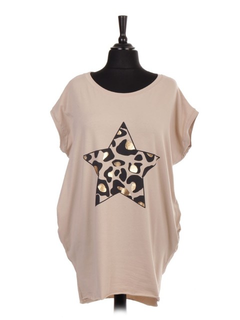 Italian Animal Print Star Print Dip Hem Batwing Top with Side Pockets