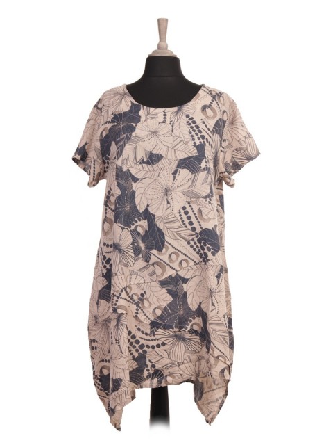 Italian Asymmetric Hem Floral Printed Linen Lagenlook Dress