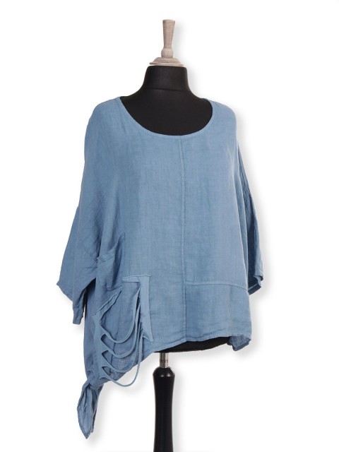 Italian Asymmetric Hem Linen Top With Front Pocket