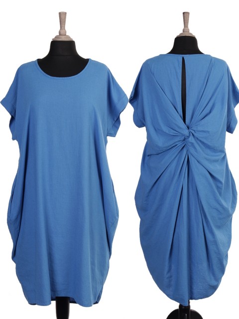 Italian Back Knot Detail Linen Dress with Side Pockets