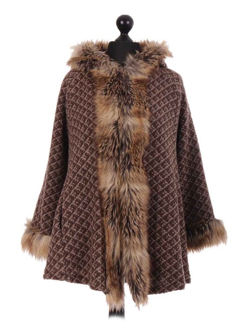 Italian Brown Textured Faux Fur Cape Jacket