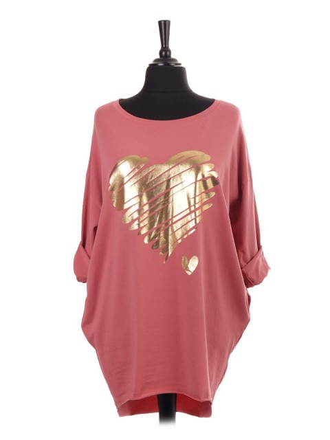 Italian Brush Stroke Glossy Heart Print Dip Hem Top