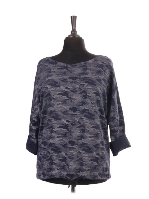 Italian Camouflage Print Gathered Hem Cotton Top