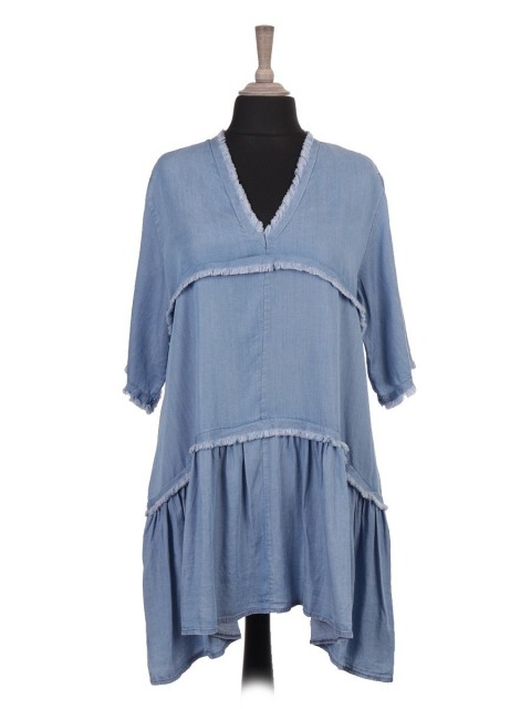 Italian Chambray Frayed Edge Smock Dress