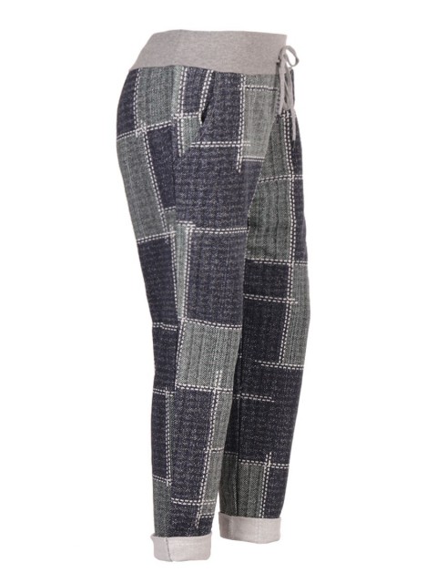 Plus Size Italian Check Print Cotton Trousers With Side Pockets
