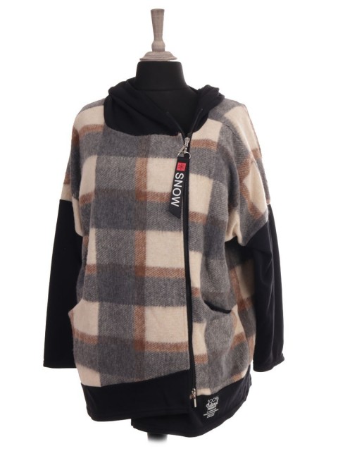Italian Check Print Hooded Lana Wool Jacket With Front Pocket