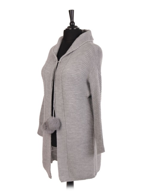 Italian Chunky Knit Hooded Cardigan With Pom Pom Fastening