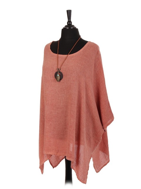 Italian Cold Dye Linen Batwing Top With Necklace