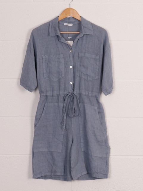 Italian Collard Front Pockets Linen Playsuit