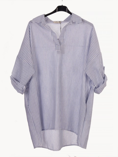Italian Collard Notch Neck Stripe Cotton Top With Side Pockets
