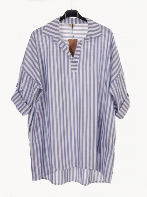 Italian Collard Notch Neck Wide Stripy Top With Side Pockets