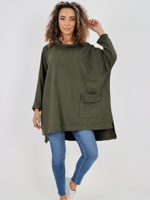 Italian Cowl Neck Flap Over Pocket High Low Top