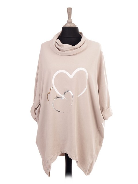 Italian Cowl Neck Heart Print Dip Hem Top