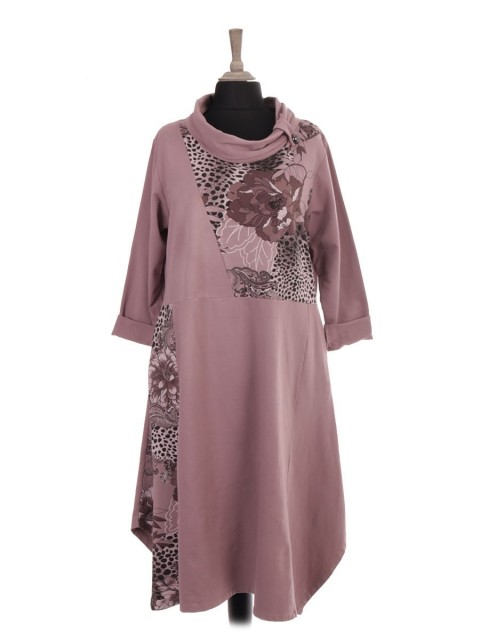 Italian Cowl Neck Printed Panel Lagenlook Dress With Side Pockets