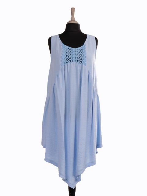 Italian Crochet Detail Handkerchief Hem Dress with Pockets