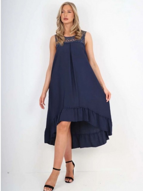 Italian Crochet Neck Frilled Hem Detail Dip Hem Dress