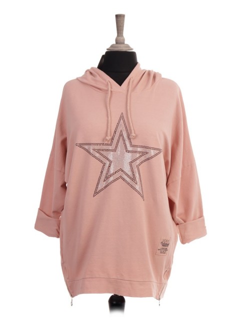 Italian Diamante Star Hooded Top With Side Zip Detail