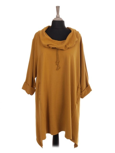 Italian Drawstring Cowl Neck Tunic Dress With Pockets