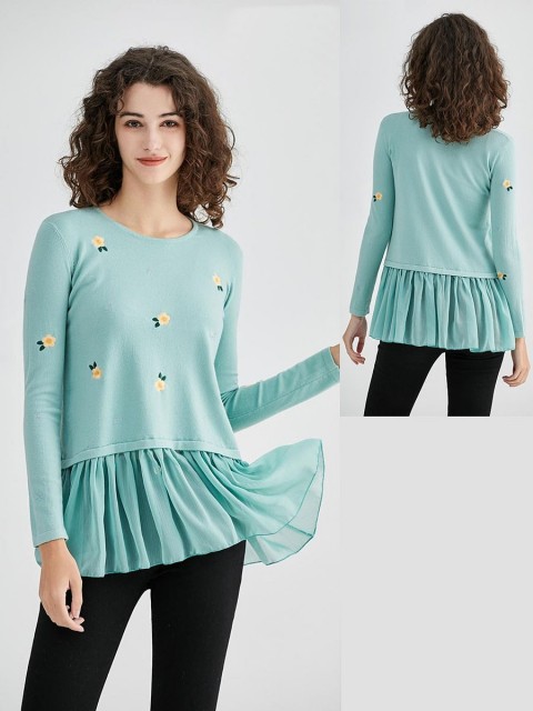 Italian Embroidered Flower Knitted Jumper With Chiffon Hem