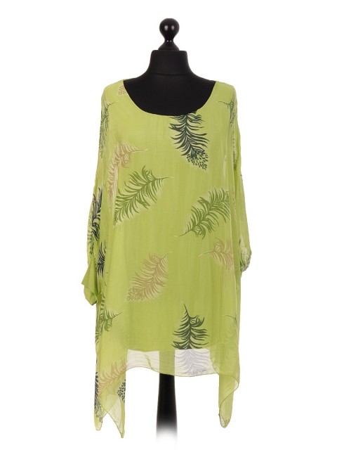 Italian Feather Print Batwing Silk Tunic Top