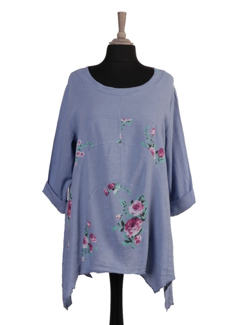 Italian Floral Print Asymmetric Hem Linen Tunic Top