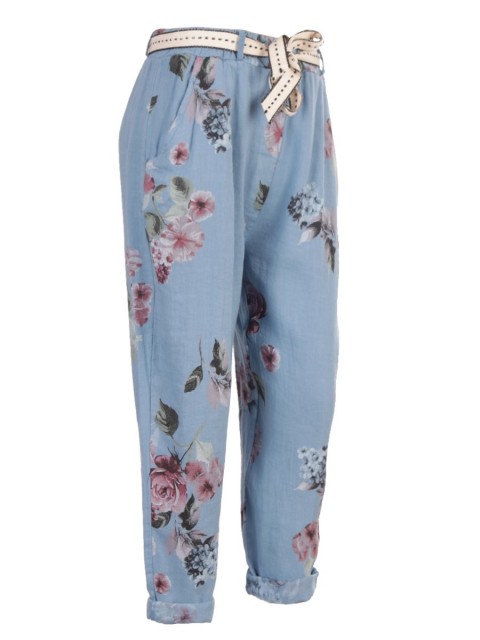 Italian Floral Print Belted Linen Trouser