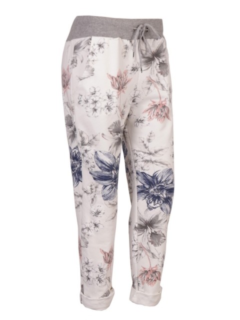 Italian Floral Print Cotton Trousers with Side Pockets