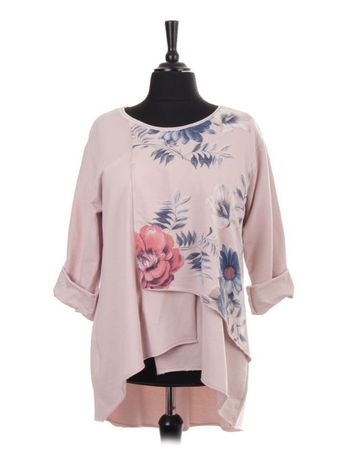 Italian Floral Print Layered Panel Dip Hem Top