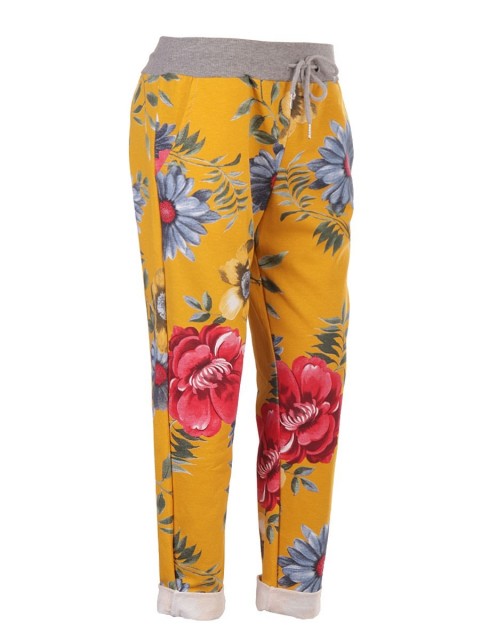 Italian Floral Print Trouser With Drawstring Waist Belt